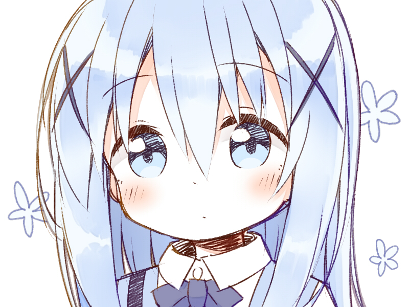 1girl ayanepuna bangs blue_bow blue_eyes blue_hair blush bow closed_mouth collared_shirt eyebrows_visible_through_hair gochuumon_wa_usagi_desu_ka? hair_between_eyes hair_ornament kafuu_chino long_hair looking_at_viewer portrait rabbit_house_uniform shirt simple_background solo uniform waitress white_background white_shirt x_hair_ornament