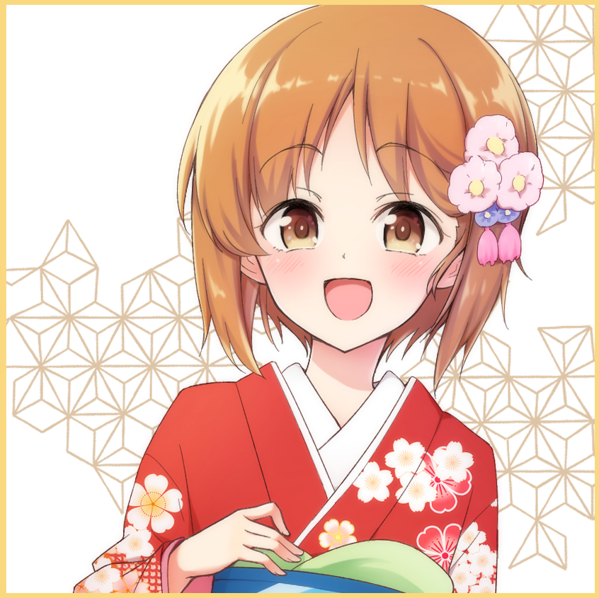 1girl :d alternate_costume asa_no_ha_(pattern) bangs blush border brown_eyes brown_hair commentary_request eyebrows_visible_through_hair floral_print flower girls_und_panzer hair_flower hair_ornament japanese_clothes kimono looking_at_viewer nagomiya_(shousha) nishizumi_miho obi open_mouth orange_border partial_commentary pink_flower portrait print_kimono red_kimono sash short_hair smile solo