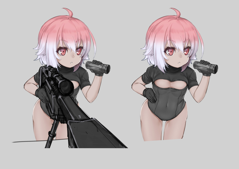 1girl :&lt; ahoge bangs black_gloves black_leotard breasts cleavage_cutout commentary_request covered_navel cropped_legs gloves gradient_hair grey_background gun hair_between_eyes leotard looking_away monocular multicolored_hair multiple_views nyifu original pink_eyes pink_hair rifle scope short_hair short_sleeves simple_background small_breasts sniper_rifle v-shaped_eyebrows weapon white_hair