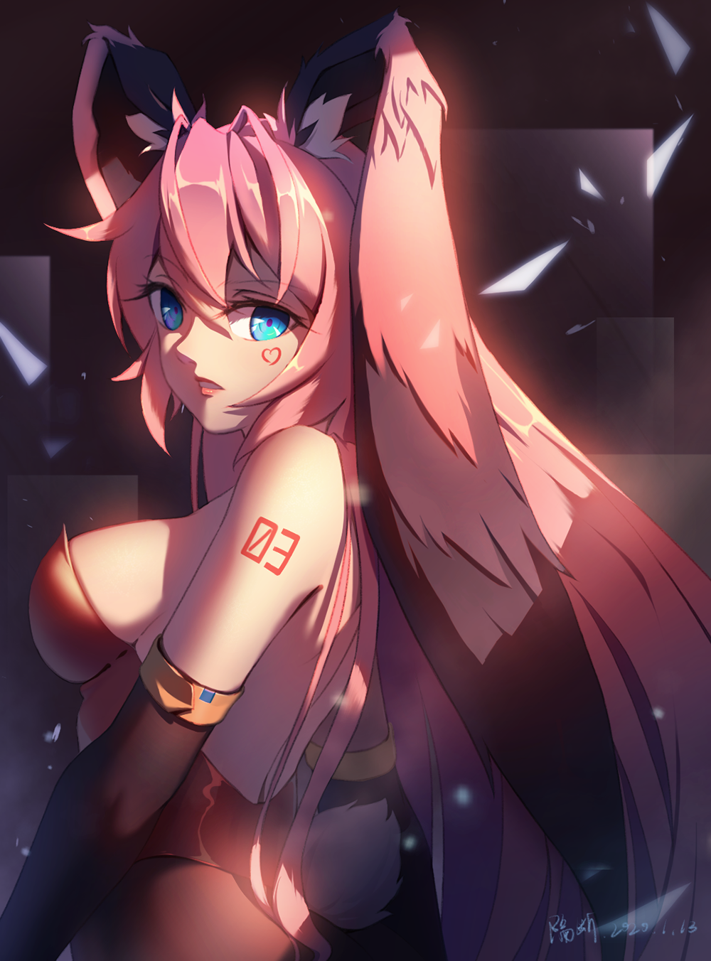 1girl animal_ears bangs black_gloves black_legwear blue_eyes breasts bunny_tail bunnysuit cowboy_shot dated elbow_gloves facepaint from_side geduan gloves hair_between_eyes heart highres kemonomimi_mode leotard long_hair looking_at_viewer looking_to_the_side medium_breasts megurine_luka number_tattoo pantyhose parted_lips pink_hair rabbit_ears red_leotard shoulder_tattoo sideboob signature solo tail tattoo very_long_hair vocaloid