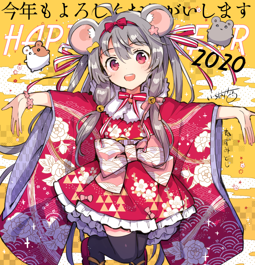 1girl 2020 :d animal_ear_fluff animal_ears bell black_legwear blush bow chinese_zodiac commentary_request floral_print flower fur-trimmed_kimono fur_trim grey_hair hair_bow hair_flower hair_ornament happy_new_year ichihaya japanese_clothes jingle_bell kimono long_hair long_sleeves looking_at_viewer mouse_ears new_year obi open_mouth original pink_flower print_kimono red_bow red_eyes red_footwear red_kimono round_teeth sash smile solo teeth thigh-highs upper_teeth very_long_hair wide_sleeves year_of_the_rat yellow_background yellow_bow
