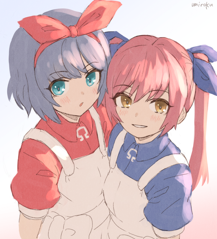 2girls bangs blue_eyes blue_hair blue_ribbon blue_shirt blush brown_eyes collared_shirt commentary_request dress eyebrows_visible_through_hair grey_background hair_between_eyes hair_ribbon multiple_girls omega_rei omega_rio omega_sisters omega_symbol parted_lips pink_hair red_ribbon red_shirt ribbon shirt signature sleeveless sleeveless_dress smile twintails umiroku upper_body virtual_youtuber white_dress