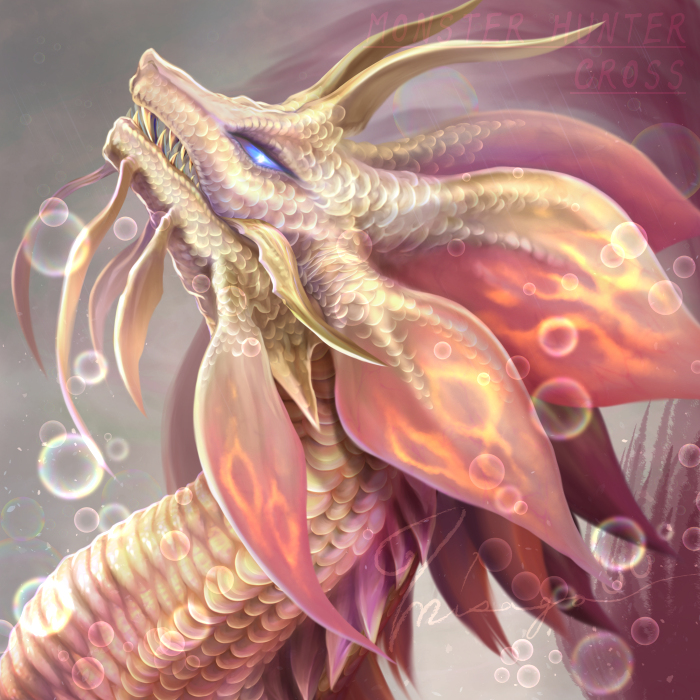 blue_eyes bubble copyright_name dragon mizutsune_(armor) monster monster_hunter monster_hunter_x no_humans oborohizuki_no_misago profile scales signature teeth translation_request upper_body watermark