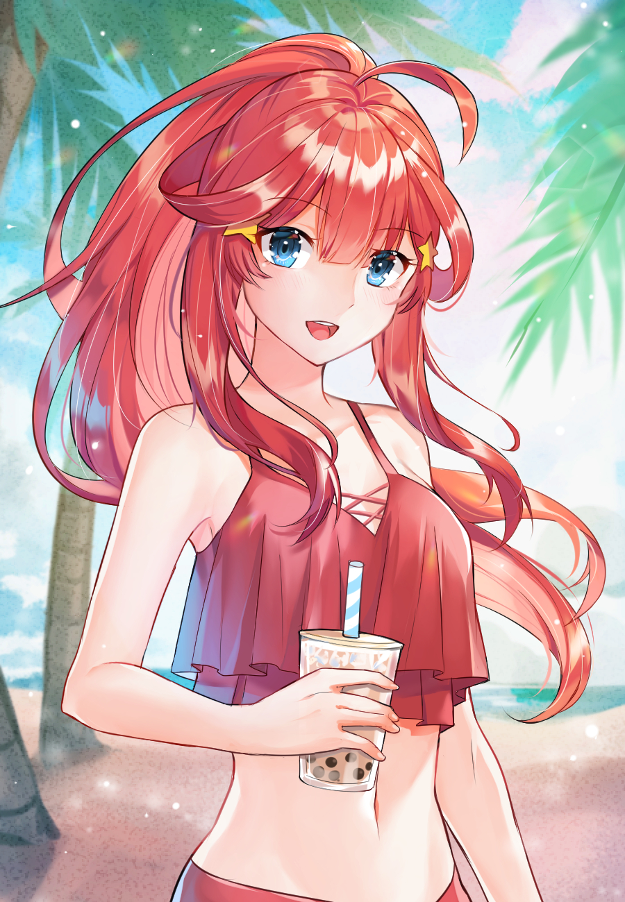 1girl :d ahoge bangs beach bikini blue_eyes blush breasts clouds commentary_request cowboy_shot cup day drinking_straw eyebrows_visible_through_hair go-toubun_no_hanayome hair_intakes hair_ornament high_ponytail highres holding holding_cup large_breasts lens_flare long_hair looking_at_viewer midriff nakano_itsuki navel ocean oenothera open_mouth outdoors palm_tree red_bikini redhead sidelocks sky smile star star_hair_ornament swimsuit tankini tree