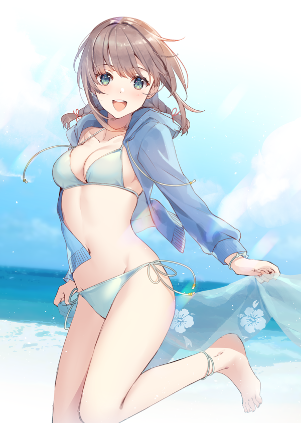 1girl :d anklet arms_at_sides bangs bare_legs barefoot beach beach_towel bikini blue_bikini blue_jacket blue_sky bracelet braid breasts brown_hair clouds collarbone comiket_97 day drawstring eyebrows_visible_through_hair floral_print from_side green_eyes groin hair_intakes hair_ornament holding hood hood_down hooded_jacket horizon jacket jewelry leg_lift long_hair long_sleeves looking_at_viewer low_twintails lowleg lowleg_bikini medium_breasts navel ocean open_clothes open_jacket open_mouth original outdoors round_teeth running sand side-tie_bikini sky smile solo stomach swimsuit teeth thigh-highs towel twin_braids twintails upper_teeth water weee_(raemz)