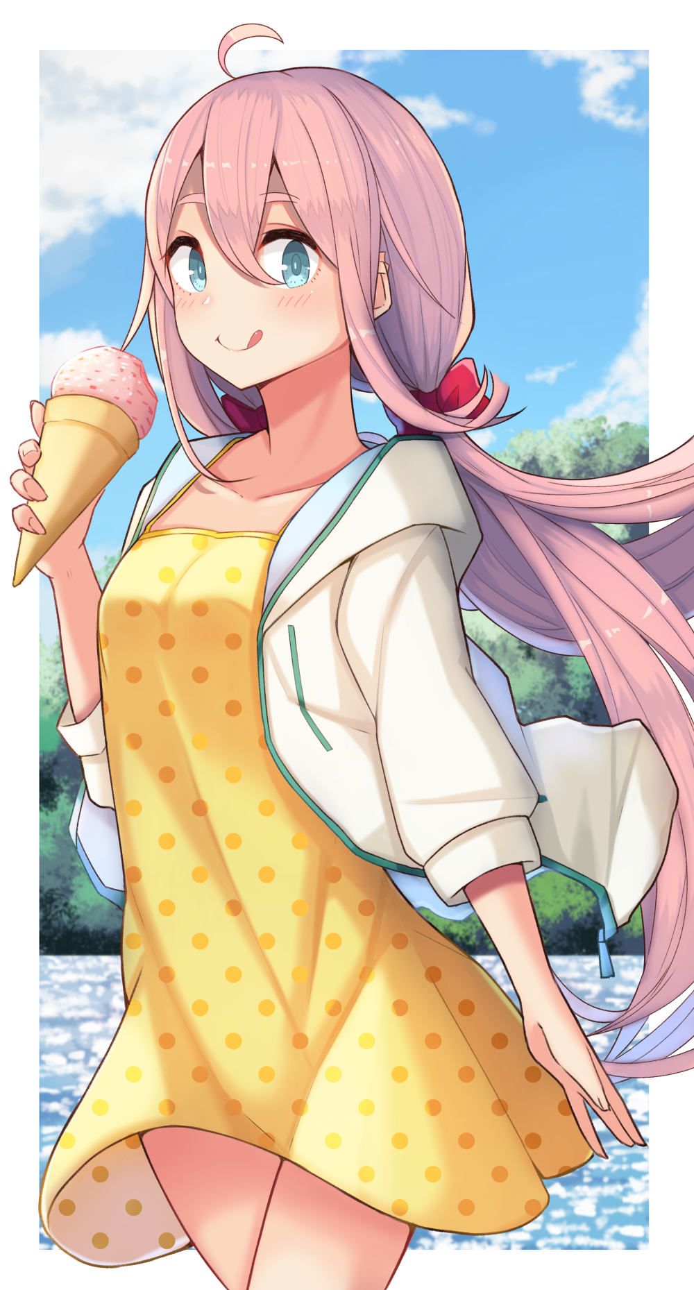 1girl :q ahoge aqua_eyes bangs blue_sky bow collarbone commentary_request cowboy_shot day dress food hair_between_eyes hair_bow highres hood hood_down hooded_jacket ice_cream ice_cream_cone jacket kagamihara_nadeshiko long_hair looking_at_viewer low_twintails outdoors pink_hair pink_nails plan_(planhaplalan) polka_dot polka_dot_dress red_bow sky smile solo tongue tongue_out twintails unmoving_pattern very_long_hair white_jacket yellow_dress yurucamp