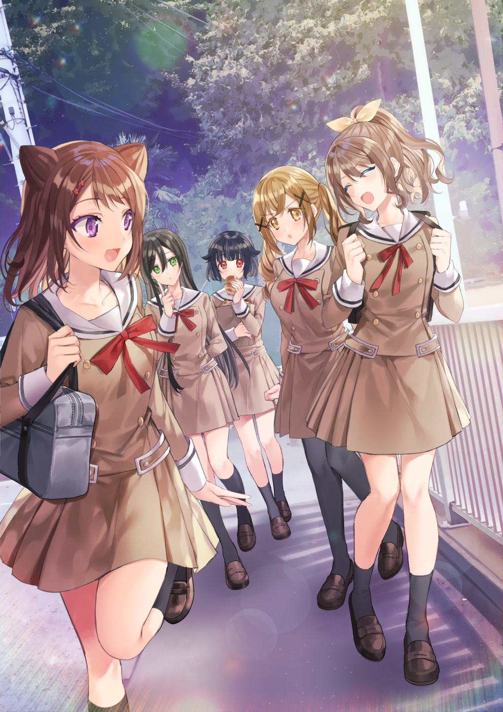 5girls :d :o ^_^ bag bang_dream! bangs black_hair black_legwear blush bow brown_eyes brown_footwear brown_hair brown_shirt brown_skirt closed_eyes closed_mouth commentary_request day eyebrows_visible_through_hair food gambe green_eyes hair_between_eyes hair_flaps hanasakigawa_school_uniform hanazono_tae hand_up highres holding holding_food ichigaya_arisa index_finger_raised knees_up loafers long_hair multiple_girls open_mouth outdoors pantyhose parted_lips pleated_skirt poppin'party railing red_bow red_eyes sailor_collar school_bag school_uniform serafuku shirt shoes short_hair skirt smile socks standing standing_on_one_leg toyama_kasumi tree twintails ushigome_rimi very_long_hair violet_eyes white_sailor_collar yamabuki_saaya