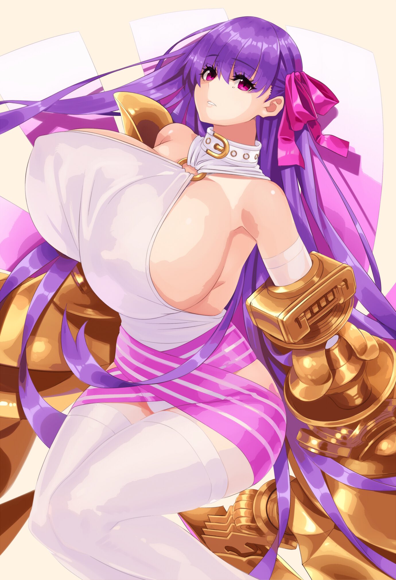 1girl bangs bare_shoulders blush bow breasts claws collar eyebrows_visible_through_hair fate/extra fate/extra_ccc fate/grand_order fate_(series) hair_ribbon hayama_kazusa highres huge_breasts long_hair looking_at_viewer passion_lip purple_hair ribbon solo very_long_hair violet_eyes