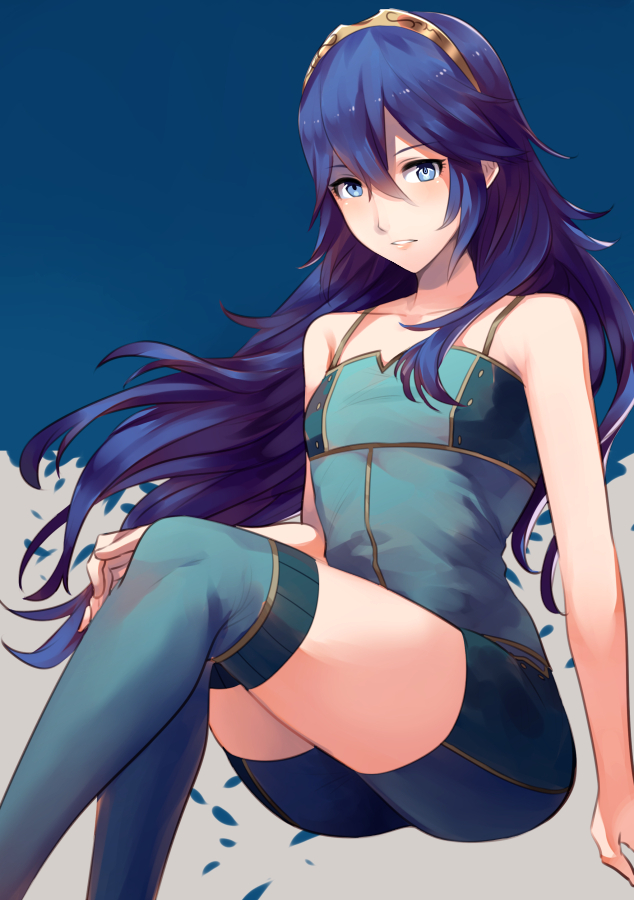 1girl alternate_costume ameno_(a_meno0) bangs blue_background blue_eyes blue_hair blue_legwear blue_shirt blue_shorts breasts collarbone commentary_request crossed_bangs eyelashes feet_out_of_frame fire_emblem fire_emblem_awakening grey_background hair_between_eyes hair_blowing hand_on_own_knee invisible_chair knees_together_feet_apart long_hair looking_at_viewer lucina lucina_(fire_emblem) parted_lips shiny shiny_hair shirt shorts sidelocks sitting sleeveless small_breasts solo spaghetti_strap tank_top thigh-highs tiara