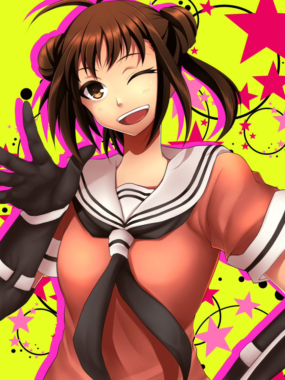 1girl ahoge blush brown-haired_girl_(23) brown_eyes double_bun elbow_gloves gloves hand_on_hip highres kantai_collection naka_(kantai_collection) one_eye_closed school_uniform serafuku smile solo star starry_background waving yellow_background yuriko1985