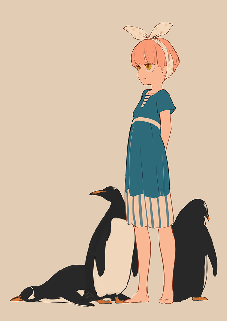 1girl arm_behind_back bangs barefoot bird blue_dress blunt_bangs closed_mouth collarbone dress full_body grey_background hieda_yawe looking_to_the_side orange_hair original penguin short_hair short_sleeves simple_background solo standing yellow_eyes