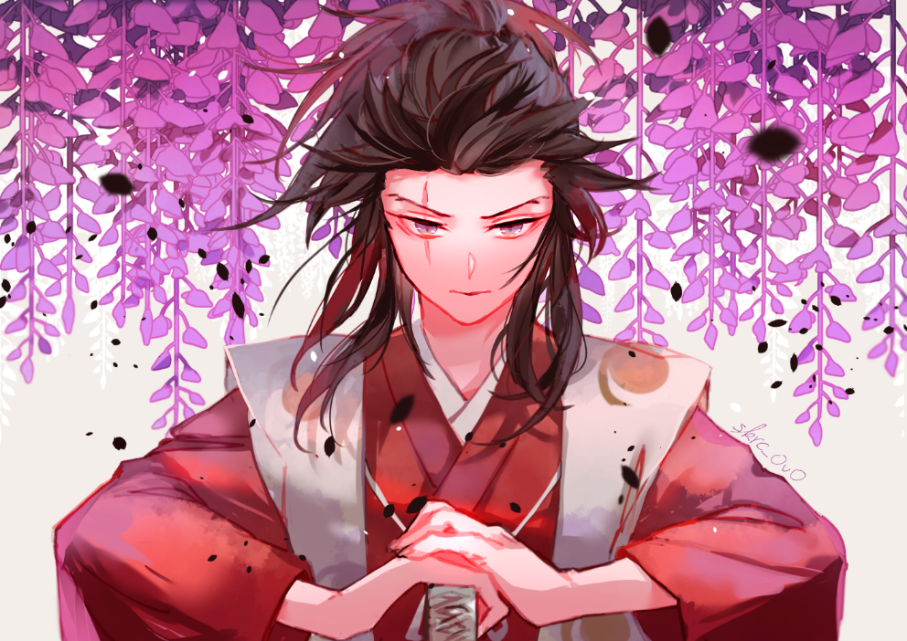 1boy bangs brown_hair dororo_(tezuka) floral_background flower frown hands_on_hilt japanese_clothes kataginu kimono long_hair male_focus own_hands_together ponytail purple_flower red_kimono redhead sakuramochi1003 samurai scar scar_across_eye solo sword tahoumaru upper_body violet_eyes weapon wisteria