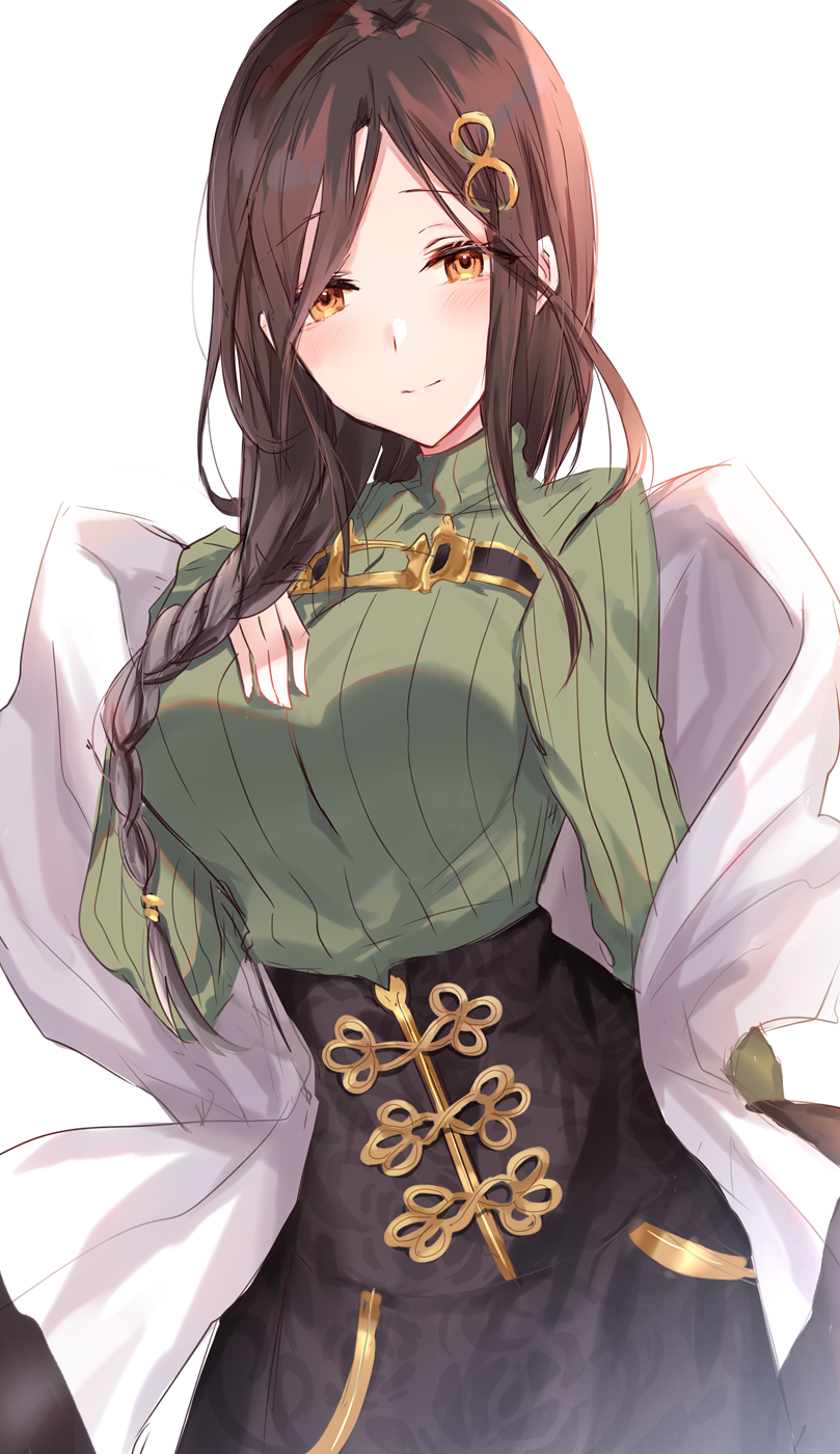1girl bangs black_skirt breasts brown_eyes brown_hair closed_mouth commentary_request eyebrows_visible_through_hair green_shirt hair_ornament high-waist_skirt highres kinona light_smile long_hair long_sleeves medium_breasts nijisanji parted_bangs ribbed_shirt shawl shirayuki_tomoe shirt simple_background skirt sleeves_past_wrists solo virtual_youtuber white_background