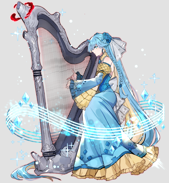 1girl blue_dress blue_eyes blue_hair braid dress flower grey_background hair_flower hair_ornament harp instrument katagiri_hachigou lapras long_hair long_sleeves music personification playing_instrument pokemon profile sitting solo