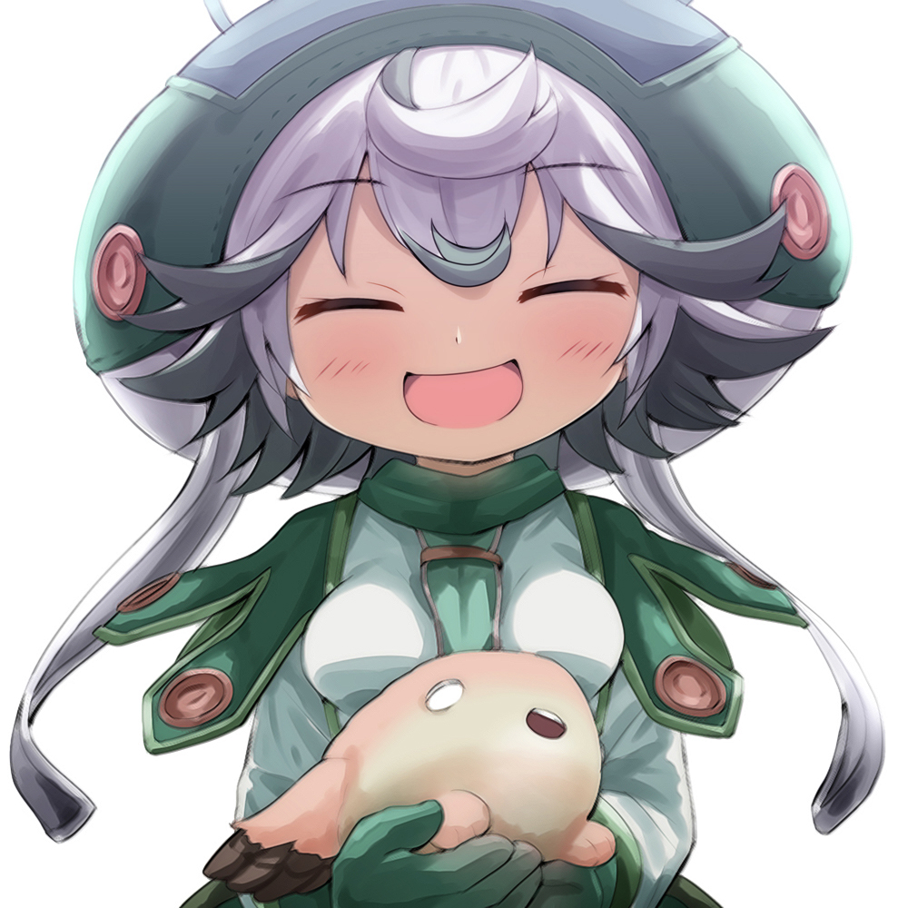 1girl :d bangs blush breasts closed_eyes creature eyebrows_visible_through_hair facing_viewer gloves green_gloves green_headwear grey_hair hair_between_eyes hat long_sleeves made_in_abyss medium_breasts meinya_(made_in_abyss) multicolored_hair open_mouth prushka shirt silver_hair simple_background smile two-tone_hair upper_body watarui white_background white_shirt