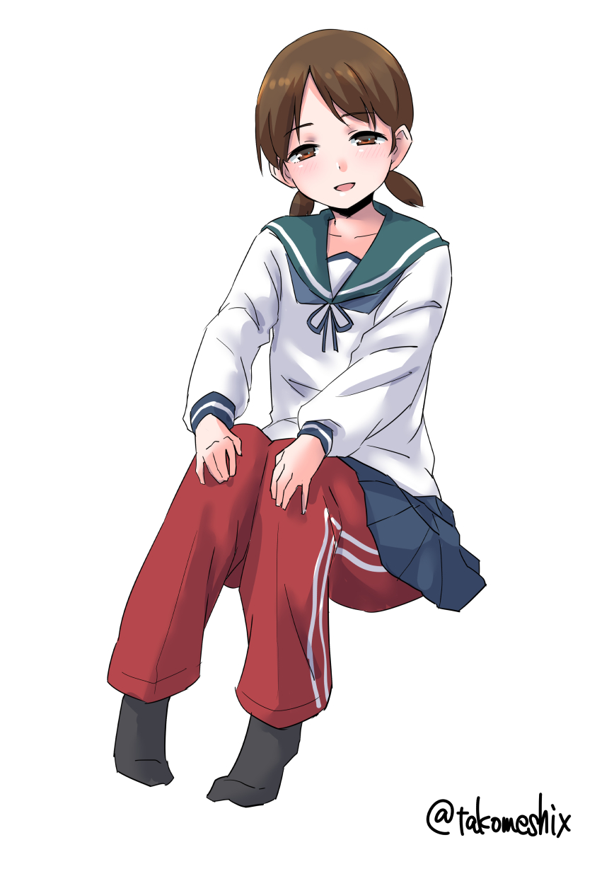 1girl adapted_costume bangs black_legwear blue_sailor_collar blue_skirt brown_eyes brown_hair collared_shirt full_body highres kantai_collection long_sleeves looking_at_viewer low_twintails neckerchief pants pants_under_skirt parted_bangs pleated_skirt red_pants sailor_bikini sailor_collar school_uniform serafuku shirayuki_(kantai_collection) shirt short_hair short_twintails simple_background sitting skirt socks solo takomeshi track_pants twintails twitter_username white_background