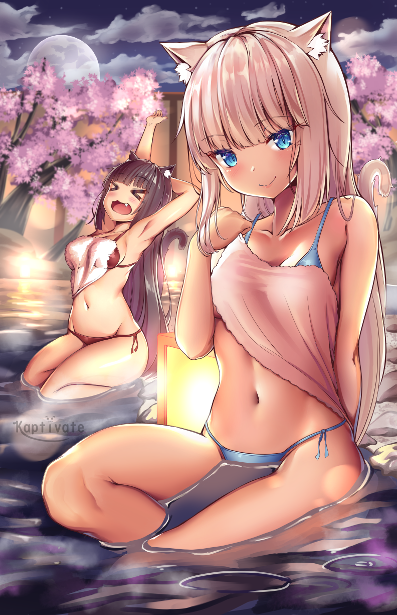 &gt;_&lt; 2girls animal_ear_fluff animal_ears artist_name bangs bikini black_bikini black_bikini_bottom black_bikini_top black_hair blue_bikini blue_bikini_bottom blue_bikini_top blue_eyes blush breasts cat_ears cat_tail chocola_(sayori) commentary_request fang highres in_water kaptivate large_breasts long_hair looking_at_viewer moon multiple_girls navel nekopara night onsen open_mouth outdoors slit_pupils small_breasts smile swimsuit tail towel vanilla_(sayori)