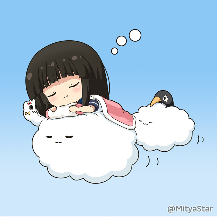 1girl :3 animal bird black_hair blue_background blush closed_eyes closed_mouth commentary_request failure_penguin hatsuyuki_(kantai_collection) kantai_collection long_hair lying miicha miss_cloud on_stomach penguin pillow pillow_grab shirt short_sleeves sleeping solo twitter_username under_covers white_shirt