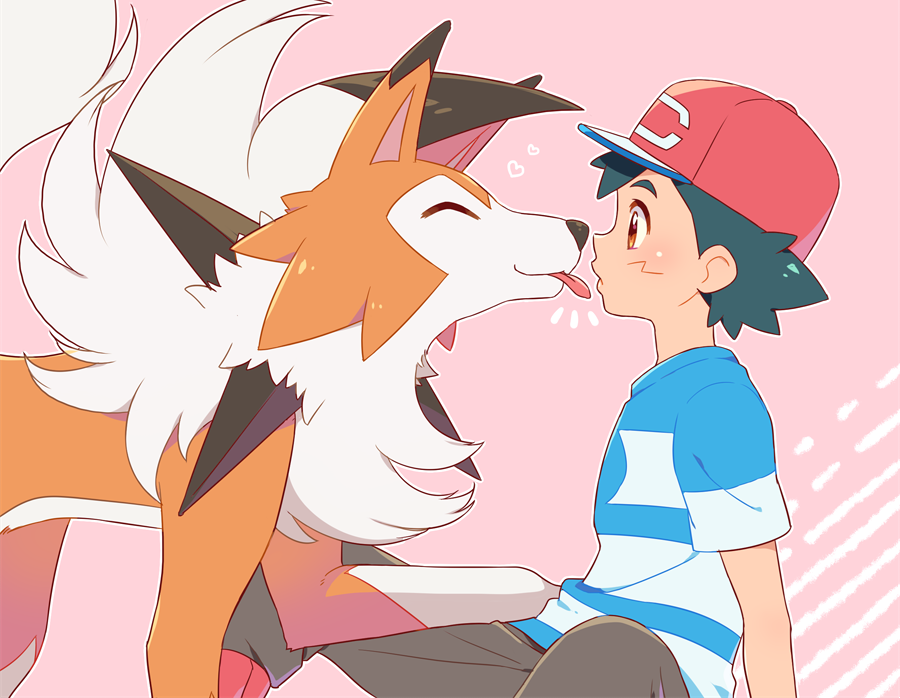 1boy baseball_cap black_hair blue_shirt brown_eyes brown_shorts closed_eyes commentary_request emphasis_lines eye_contact gen_7_pokemon hat heart licking looking_at_another lycanroc okaohito1 pink_background pokemon pokemon_(anime) pokemon_(creature) pokemon_sm_(anime) satoshi_(pokemon) shirt short_sleeves shorts simple_background sitting spiky_hair tongue tongue_out