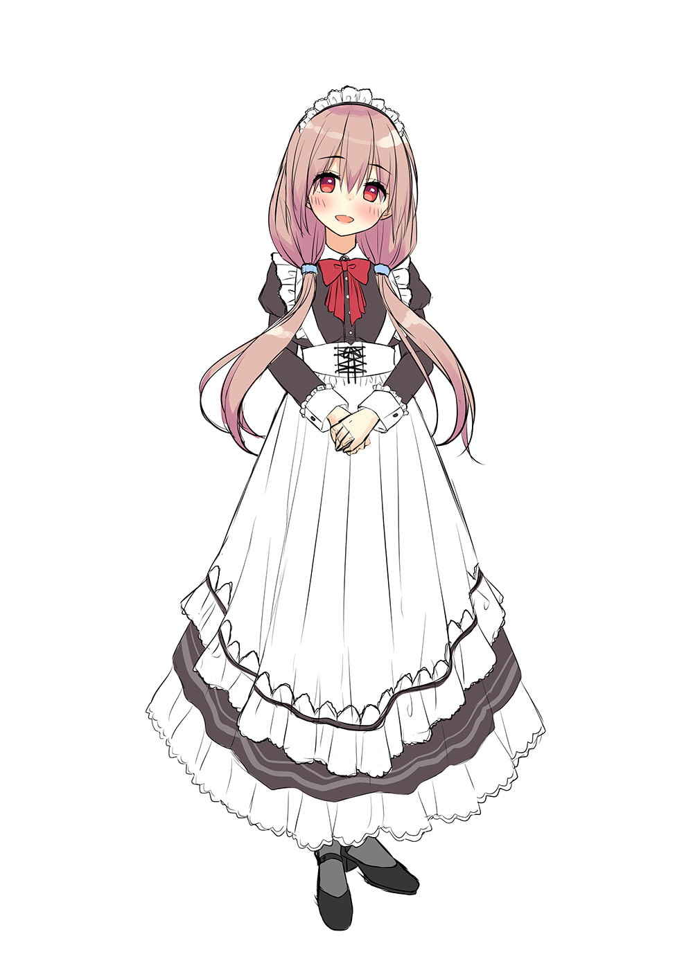1girl :d asa_no_ha black_dress black_footwear blush dress full_body grey_legwear hands_together highres long_hair long_sleeves maid open_mouth original puffy_long_sleeves puffy_sleeves red_eyes simple_background smile solo twintails two-tone_dress white_background white_dress