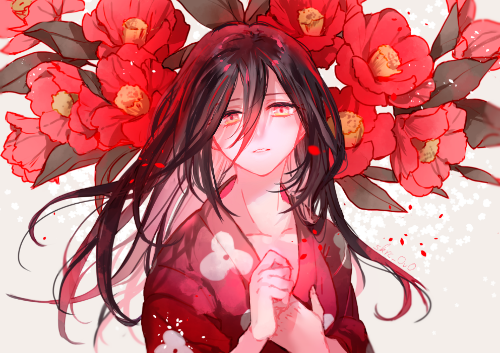 1girl black_hair blurry dororo_(tezuka) eyelashes floral_background floral_print flower_request hair_between_eyes japanese_clothes kimono long_hair looking_at_viewer mio_(dororo) parted_lips petals red_kimono red_theme sad sakuramochi1003 solo upper_body