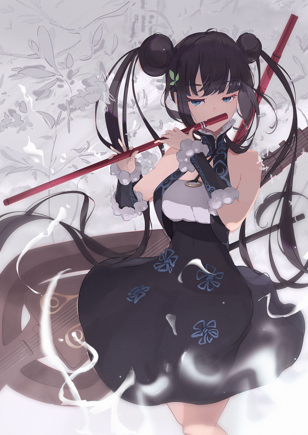 1girl bare_shoulders black_hair blue_eyes bracer double_bun dress fate/grand_order fate_(series) flower flute highres holding instrument kodamazon long_hair solo twintails yang_guifei_(fate/grand_order)