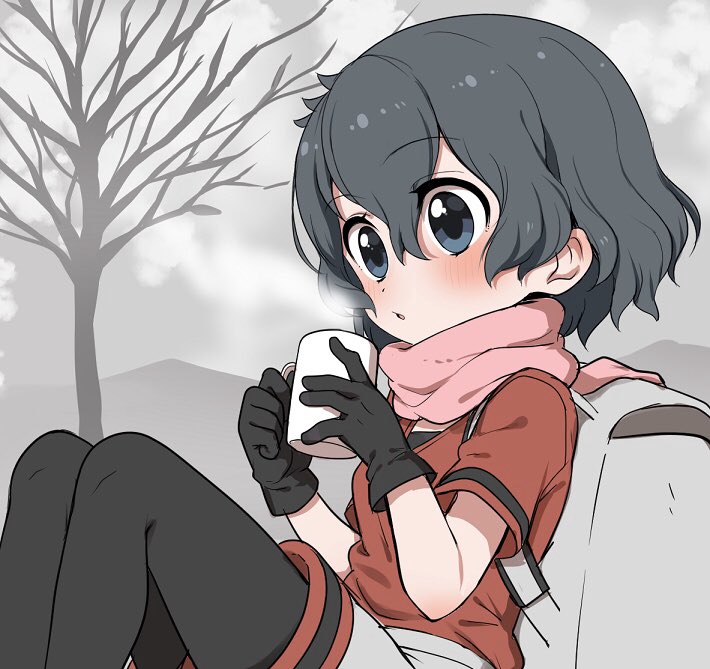 1girl backpack bag black_gloves black_hair black_legwear blue_eyes blush commentary_request cup eyebrows_visible_through_hair gloves grey_shorts hot_drink kaban_(kemono_friends) kemono_friends mug no_hat no_headwear pantyhose pink_scarf ransusan red_shirt scarf shirt short_hair short_sleeves shorts shorts_under_skirt sitting solo steam t-shirt winter