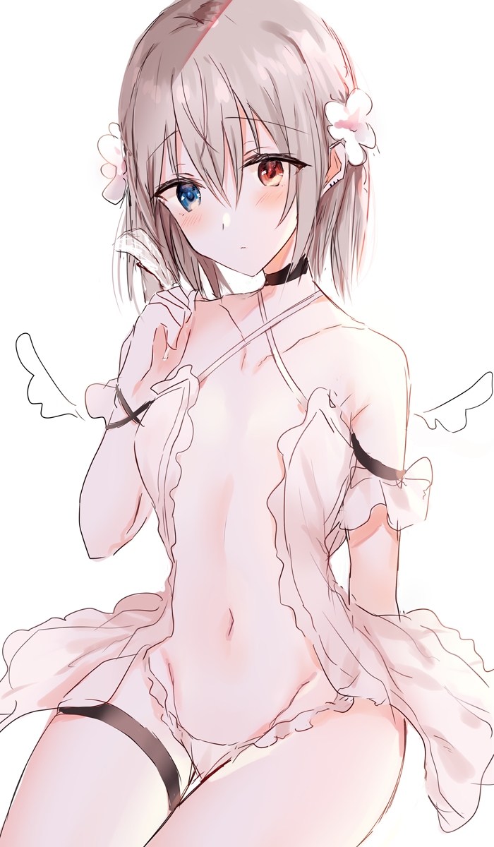 1girl bangs black_choker blue_eyes blush breasts choker collarbone criss-cross_halter detached_wings dress eyebrows_visible_through_hair flower grey_hair groin hair_between_eyes hair_flower hair_ornament halterneck hand_up heterochromia highres kinona looking_at_viewer mini_wings navel original panties red_eyes simple_background sitting small_breasts solo thigh_strap underwear white_background white_dress white_flower white_panties white_wings wings