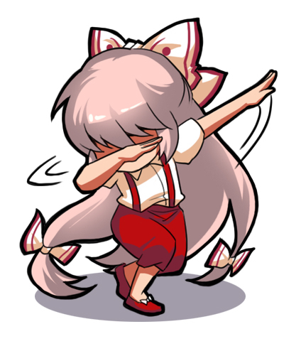 1girl bow chinese_commentary commentary_request dab_(dance) fujiwara_no_mokou full_body hair_bow long_hair lowres pants pink_hair red_footwear red_pants shangguan_feiying shirt shoes short_sleeves simple_background solo standing suspenders touhou very_long_hair white_background white_bow white_shirt