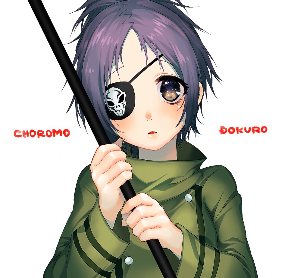 1girl blue_hair breasts chrome_dokuro commentary_request eyepatch katekyo_hitman_reborn looking_at_viewer open_mouth polearm school_uniform short_hair simple_background solo weapon white_background