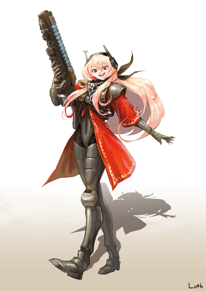 1girl adeptus_mechanicus boots commission energy_gun gauntlets girls_frontline happy headset lutherniel m4_sopmod_ii_(girls_frontline) pink_hair plasma_rifle red_eyes shadow skitarii solo warhammer_40k weapon