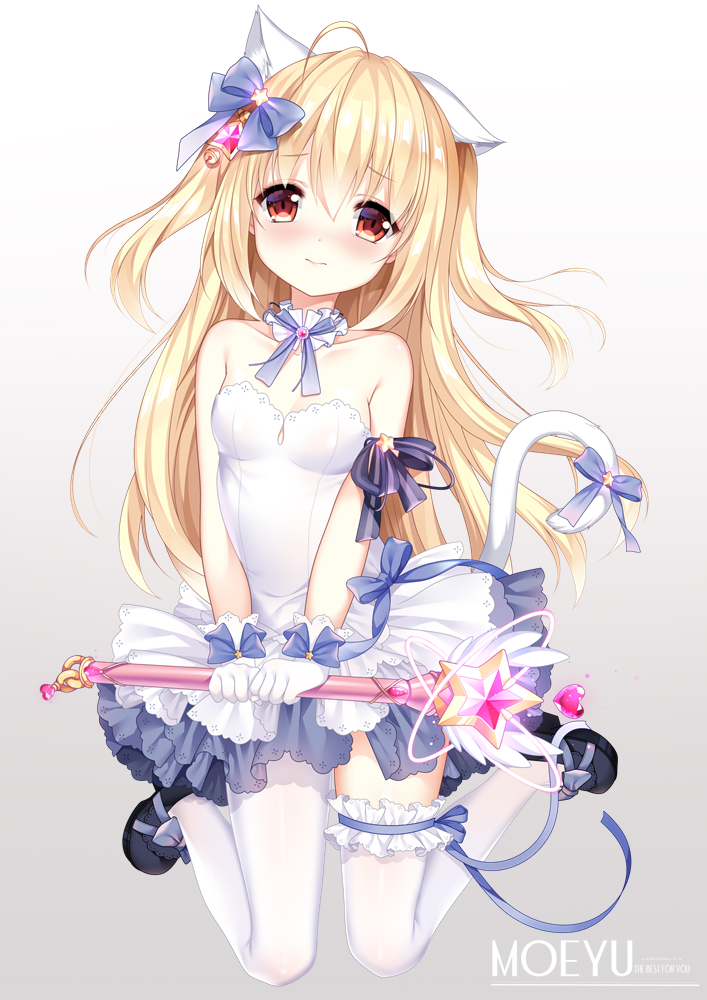 1girl ahoge animal_ear_fluff animal_ears asymmetrical_legwear bangs black_footwear blonde_hair blue_bow blush bow breasts cat_ears cat_girl cat_tail closed_mouth commentary_request dress eyebrows_visible_through_hair full_body gloves glowing gradient gradient_background grey_background hair_between_eyes hair_bow holding holding_wand long_hair nose_blush original pantyhose red_eyes shoes small_breasts solo star strapless strapless_dress tail tail_bow thigh-highs two_side_up verjuice very_long_hair wand white_background white_dress white_gloves white_legwear