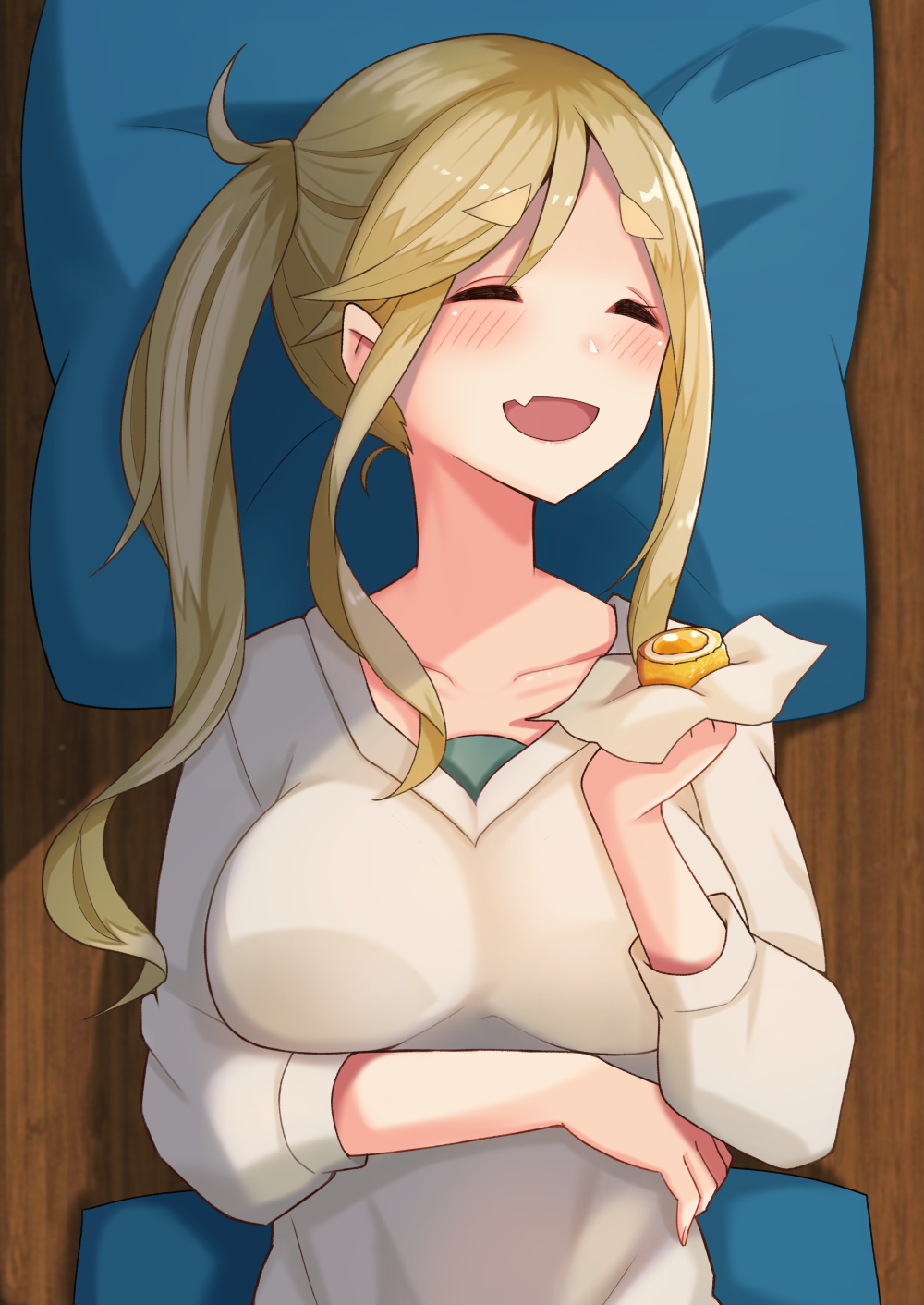 1girl arm_across_waist beige_sweater blonde_hair blush breasts closed_eyes commentary_request cushion eating fang floor food hand_on_own_stomach highres holding holding_food inuyama_aoi large_breasts lying on_back on_stomach one-piece_swimsuit open_mouth pillow plan_(planhaplalan) skin_fang smile solo sweater swimsuit thick_eyebrows twintails upper_body yurucamp