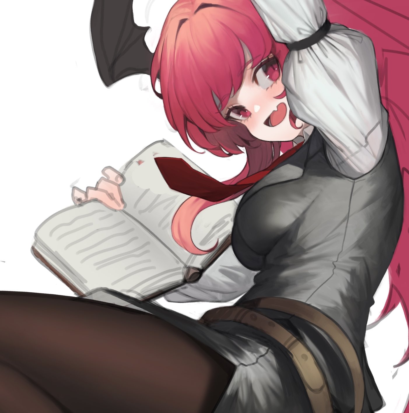 1girl :d arm_up bangs belt black_legwear black_skirt black_vest blush book breasts brown_belt commentary demon_wings fang hair_intakes head_tilt head_wings heoningu highres holding holding_book juliet_sleeves koakuma large_breasts long_hair long_sleeves looking_at_viewer miniskirt necktie open_mouth pantyhose puffy_sleeves red_eyes red_neckwear redhead shirt simple_background skin_fang skirt skirt_set smile solo symbol_commentary taut_clothes taut_vest thighs touhou vest white_background white_shirt wings