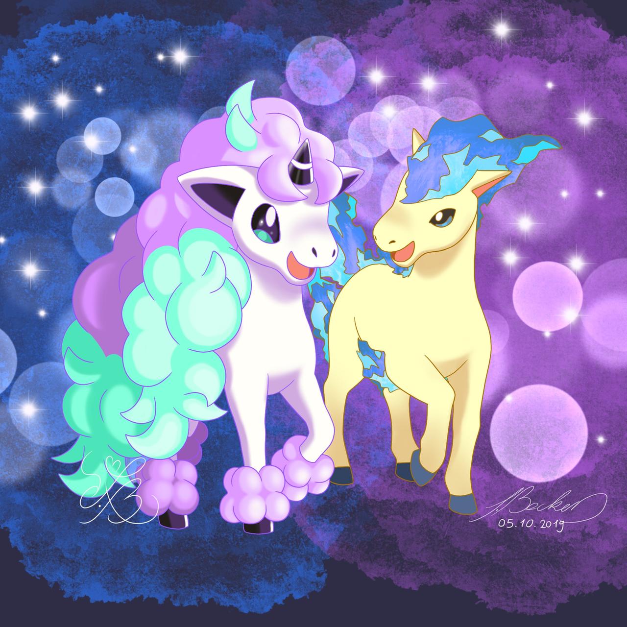 :d alternate_color blue_fire creature fire full_body galarian_and_normal galarian_ponyta gen_1_pokemon highres horn horse myhandsarecrazy no_humans open_mouth pokemon pokemon_(creature) ponyta purple_background shiny_pokemon signature smile unicorn