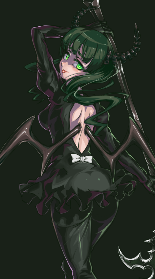 1girl back_bow backless_dress backless_outfit black_background black_dress black_pants black_rock_shooter bow breasts dead_master dress from_behind green_eyes green_hair head_tilt holding holding_scythe horns long_hair looking_at_viewer looking_back medium_breasts pants scythe shiny shiny_hair short_dress shoulder_blades simple_background solo standing takane_(lovehatsune) tongue tongue_out twintails very_long_hair white_bow wings