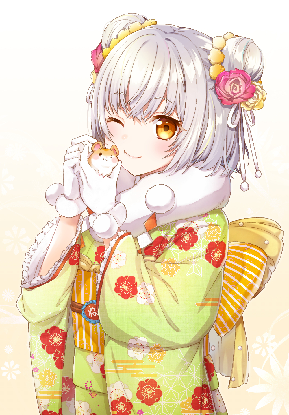 &gt;_o 1girl :3 ;t akariko animal back_bow bangs blush bow closed_mouth double_bun egasumi eyebrows_visible_through_hair floral_print flower frilled_sleeves frills gloves gradient gradient_background green_kimono hair_flower hair_ornament hamster highres holding holding_animal japanese_clothes kimono long_sleeves looking_at_viewer obi one_eye_closed orange_eyes original pink_flower pink_rose pom_pom_(clothes) print_kimono rose sash short_hair silver_hair smile solo striped striped_bow upper_body white_gloves wide_sleeves yellow_bow yellow_flower yellow_rose yukata