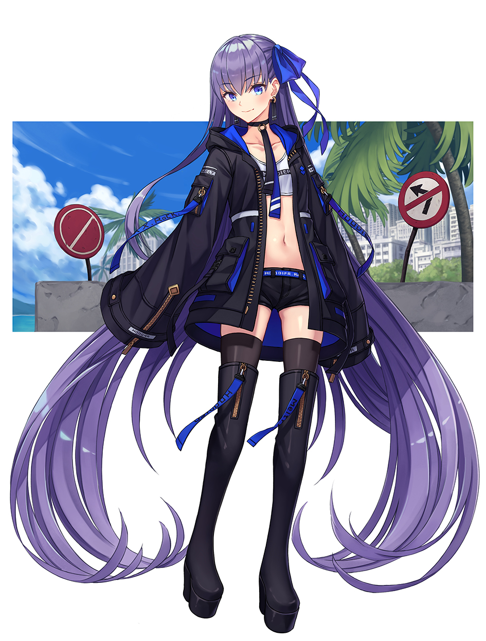 1girl belt black_footwear black_jacket black_legwear black_shorts blue_eyes blue_ribbon boots choker clouds collarbone crop_top directional_arrow earrings fate/grand_order fate_(series) full_body hair_ribbon highres hoodier jacket jewelry long_hair long_sleeves looking_at_viewer meltryllis midriff navel open_clothes open_jacket palm_tree purple_hair ribbon shirt short_shorts shorts sign sleeves_past_fingers sleeves_past_wrists smile solo standing stomach stop_sign thigh-highs thigh_boots tree very_long_hair white_shirt