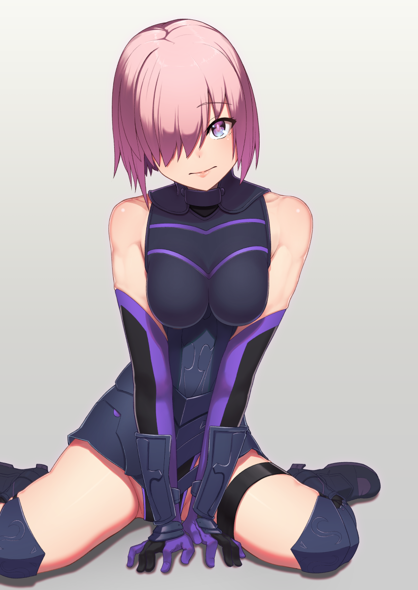 1girl armored_boots armored_leotard between_legs black_footwear black_leotard blue_eyes boots breast_squeeze breasts breasts_apart closed_mouth elbow_gloves eyebrows_visible_through_hair fate/grand_order fate_(series) gloves grey_background hair_over_one_eye hand_between_legs head_tilt highres knee_boots leotard looking_at_viewer mash_kyrielight medium_breasts pink_hair putchers short_hair simple_background sitting solo thigh_strap