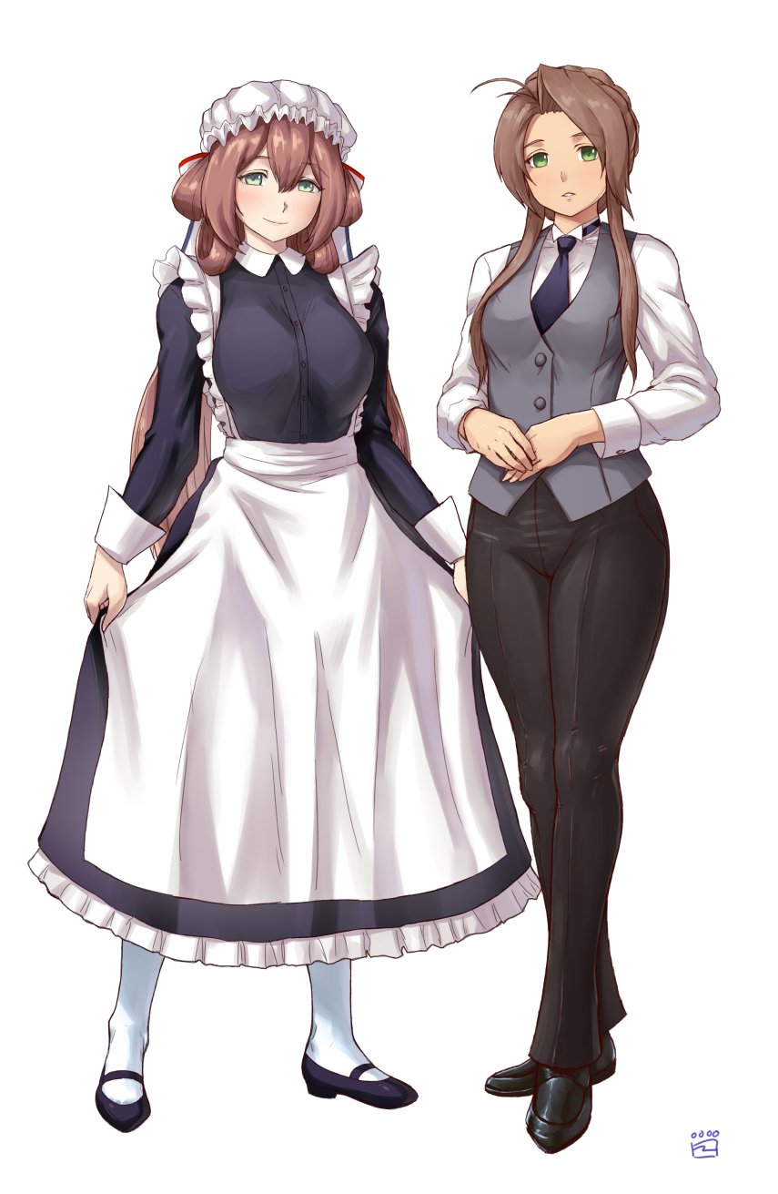 2girls alternate_costume apron blue_neckwear blush breasts brown_hair finalcake girls_frontline green_eyes grey_vest hair_between_eyes highres large_breasts lee-enfield_(girls_frontline) long_hair looking_at_viewer m1903_springfield_(girls_frontline) maid_apron maid_headdress multiple_girls necktie smile vest white_background