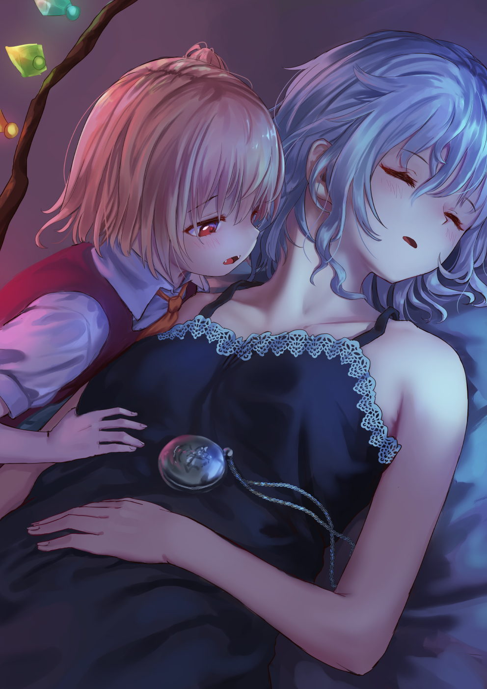 2girls ascot bangs bare_arms bare_shoulders bed_sheet blonde_hair blush chemise closed_eyes commentary_request crystal eyebrows_visible_through_hair fangs flandre_scarlet highres izayoi_sakuya looking_at_another lying multiple_girls no_hat no_headwear on_back open_mouth pocket_watch puffy_short_sleeves puffy_sleeves red_eyes red_vest roke_(taikodon) shirt short_hair short_sleeves sidelocks silver_hair spaghetti_strap touhou upper_body vest watch white_shirt wings yellow_neckwear