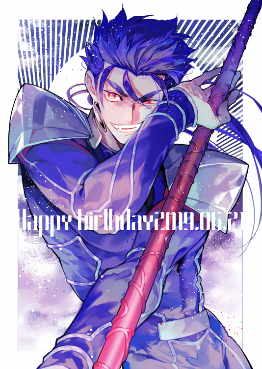1boy blue_bodysuit blue_hair blue_theme bodysuit cu_chulainn_(fate)_(all) dated earrings fate/stay_night fate_(series) gae_bolg grin hair_strand happy_birthday holding holding_spear holding_weapon jewelry lancer long_hair looking_at_viewer male_focus polearm red_eyes shoulder_armor smile solo spear tatsuta_age teeth upper_body weapon