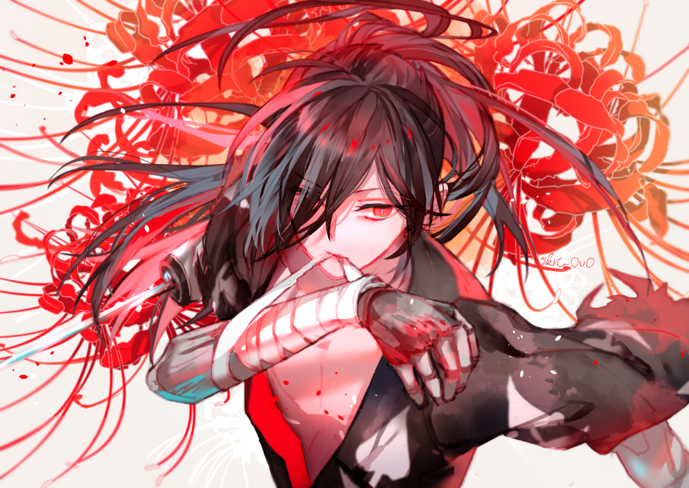 1boy amputee bandages black_hair black_kimono blade chest dororo_(tezuka) floral_background flower grey_background hair_over_one_eye hyakkimaru_(dororo) japanese_clothes kimono long_hair looking_away male_focus mouth_hold ponytail prosthesis prosthetic_arm red_eyes red_flower red_theme sakuramochi1003 slit_pupils solo spider_lily sword torn_clothes torn_sleeves upper_body weapon