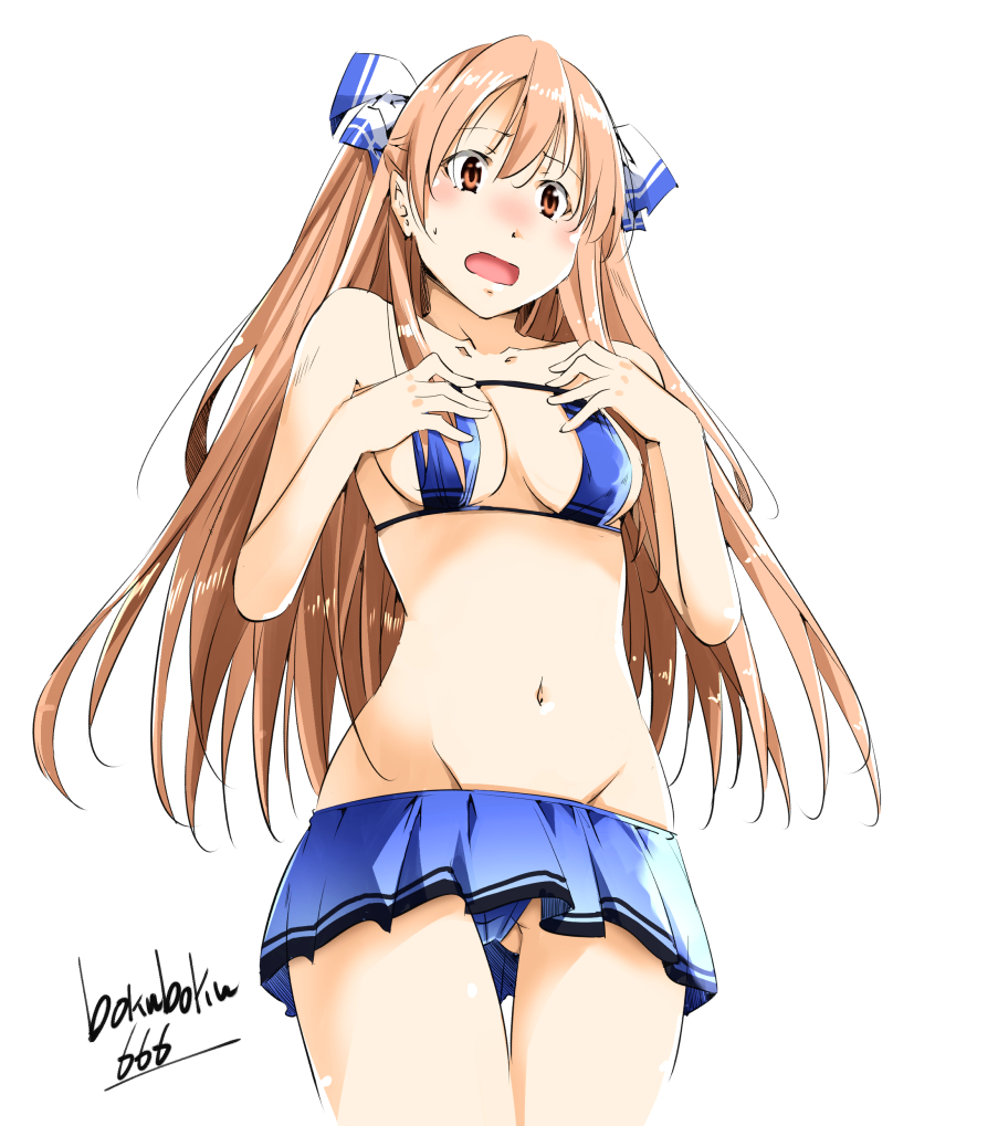 1girl artist_name ass_visible_through_thighs bikini bikini_skirt blue_bikini boku_(akamedou) breasts brown_eyes collarbone commentary_request cowboy_shot eyepatch_bikini groin hands_on_own_chest johnston_(kantai_collection) kantai_collection light_brown_hair long_hair medium_breasts navel open_mouth school_uniform serafuku simple_background solo swimsuit two_side_up white_background