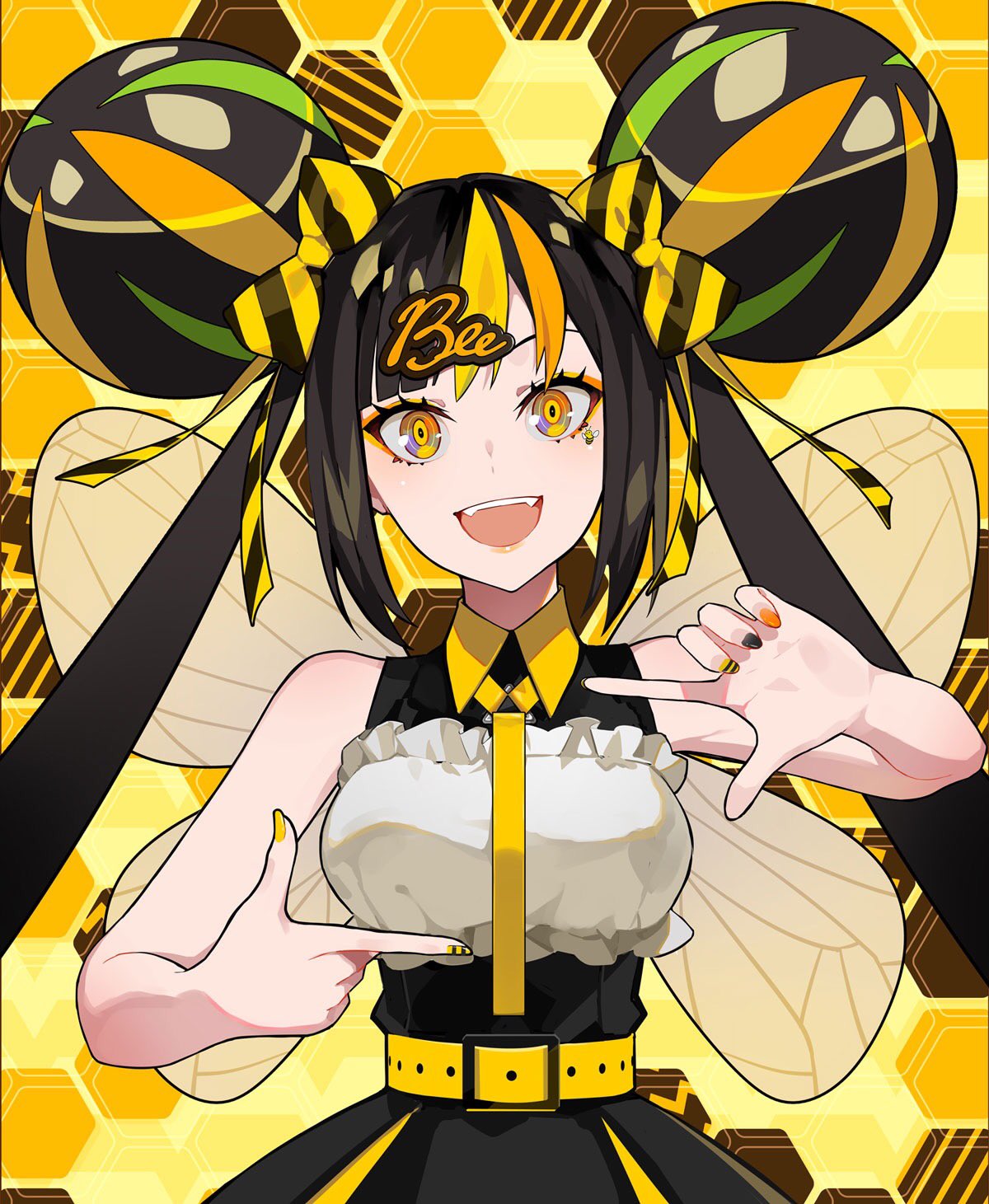 1girl bangs bee bee_girl belt black_hair black_nails blonde_hair bug double_bun dress english_text eyeshadow highres honeycomb_(pattern) insect insect_girl insect_wings long_hair looking_at_viewer makeup multicolored multicolored_eyes multicolored_hair nail_polish open_mouth orange_nails original ram_(ramlabo) sidelocks sleeveless sleeveless_dress smile solo streaked_hair striped_nails upper_body wings yellow_nails