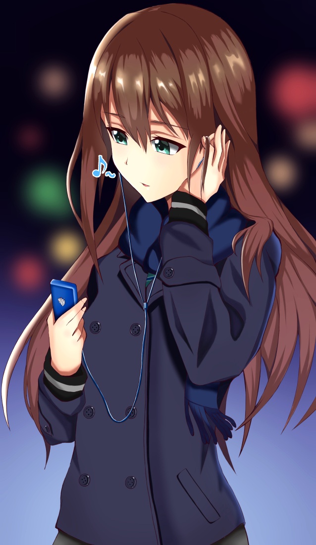 0bnot18rnhwoymu 1girl bangs black_coat blue_scarf blurry blurry_background brown_hair digital_media_player earphones eyebrows_visible_through_hair floating_hair green_eyes hair_between_eyes idolmaster idolmaster_cinderella_girls ipod long_hair long_sleeves outdoors parted_lips scarf shibuya_rin shiny shiny_hair solo standing upper_body very_long_hair