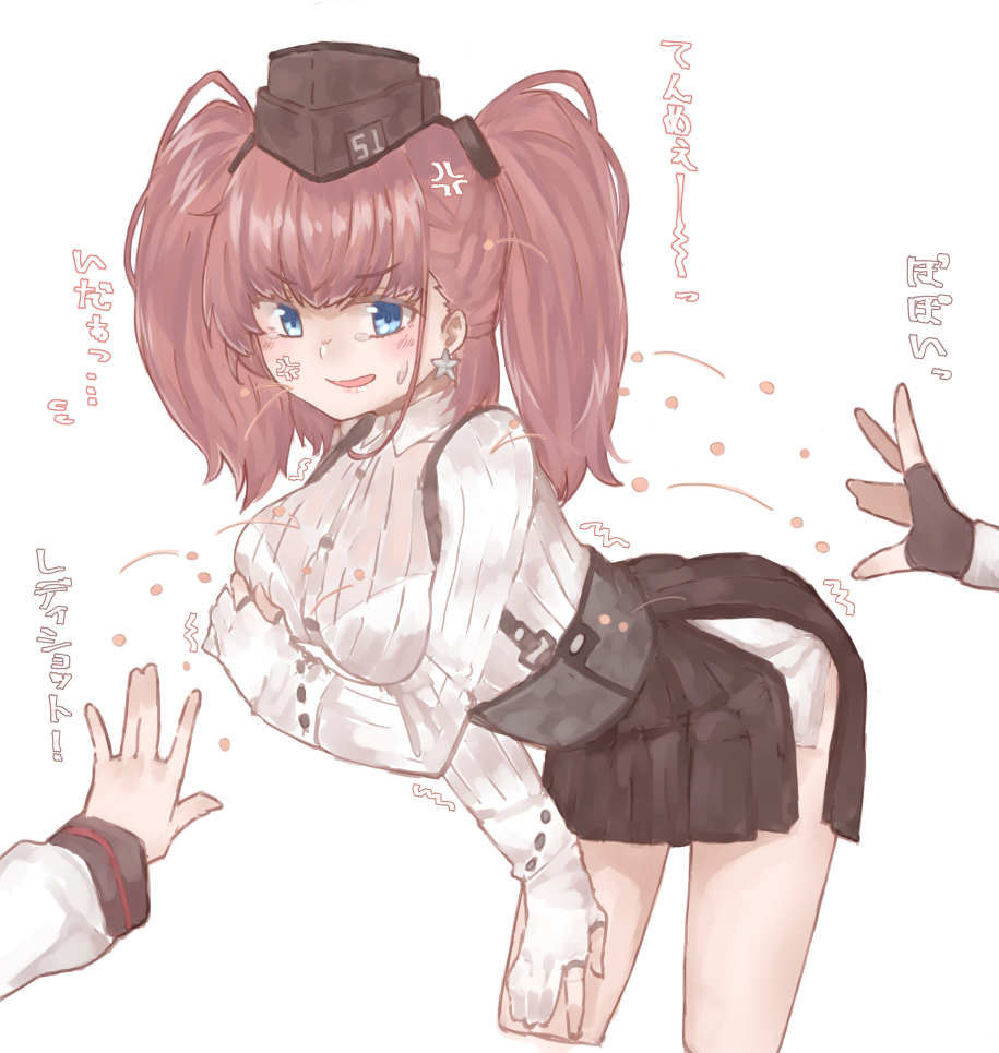 3girls akatsuki_(kantai_collection) anger_vein atlanta_(kantai_collection) az_toride bent_over black_headwear black_skirt blue_eyes breasts brown_hair commentary_request cowboy_shot dress_shirt earrings garrison_cap gloves hat high-waist_skirt jewelry kantai_collection large_breasts leaning_forward long_hair long_sleeves multiple_girls partly_fingerless_gloves shirt simple_background skirt solo_focus star star_earrings suspender_skirt suspenders translation_request two_side_up white_background white_gloves white_shirt yuudachi_(kantai_collection)