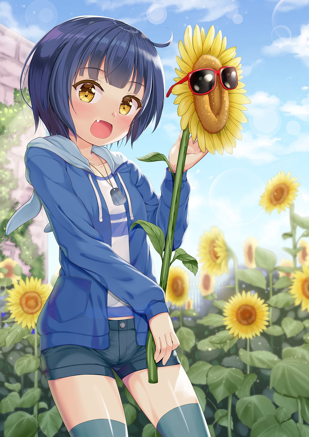 1girl :d animal_ears animal_hood bangs blue_hair blue_jacket blue_shorts blue_sky blurry blurry_background blush brick_wall brown_eyes bunny_hood clouds day depth_of_field eyebrows_visible_through_hair fake_animal_ears fang flower gochuumon_wa_usagi_desu_ka? grey_legwear highres holding holding_flower hood hood_down hooded_jacket jacket jouga_maya looking_at_viewer niiya open_clothes open_jacket open_mouth outdoors rabbit_ears red-framed_eyewear short_shorts shorts sky smile solo sunflower sunglasses thigh-highs