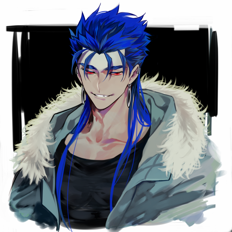 1boy black_background black_shirt blue_hair cu_chulainn_(fate)_(all) cu_chulainn_(fate/grand_order) earrings fate/grand_order fate_(series) grin hood jewelry long_hair looking_at_viewer male_focus neck red_eyes shirt simple_background smile solo tatsuta_age upper_body