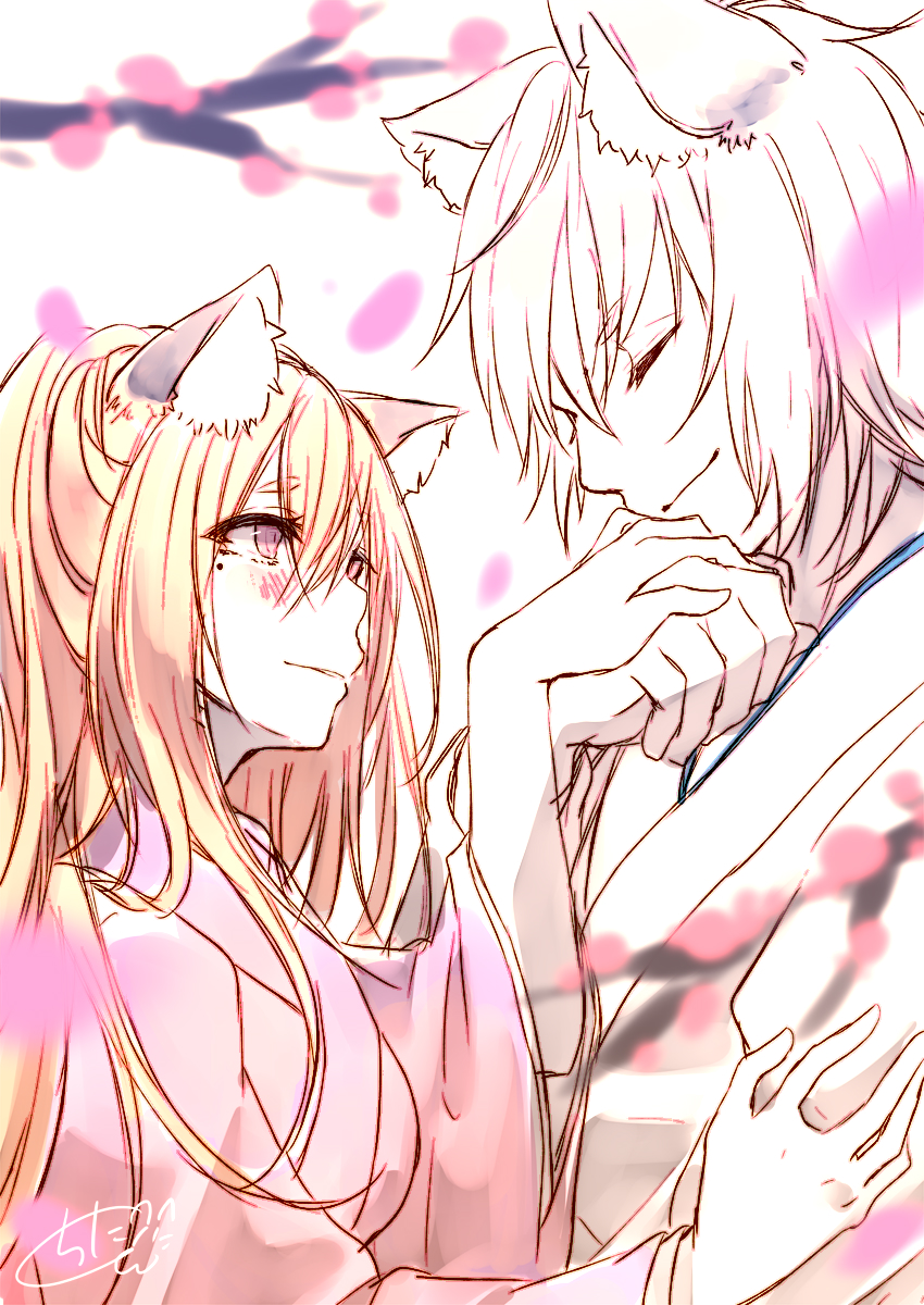 1boy 1girl animal_ear_fluff animal_ears blonde_hair blurry blurry_foreground blush chita_(ketchup) closed_eyes closed_mouth commentary_request depth_of_field fox_ears hands_together highres japanese_clothes kimono long_hair original parted_lips petals pink_eyes pink_kimono profile short_sleeves signature tree_branch upper_body white_background white_kimono wide_sleeves